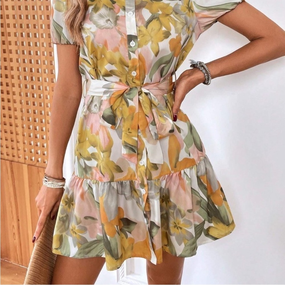 Yellow Boho Womens Floral Print Ruffle Hem Belted Dress
